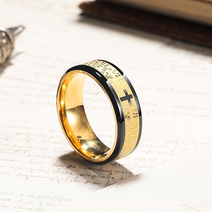 King Will Stainless Steel Men Ring Lord's Prayer Cross Ring Stainless Steel Men Wedding Ring, Wedding Band Bible Engraved Rings High Polished, Comfort Fit