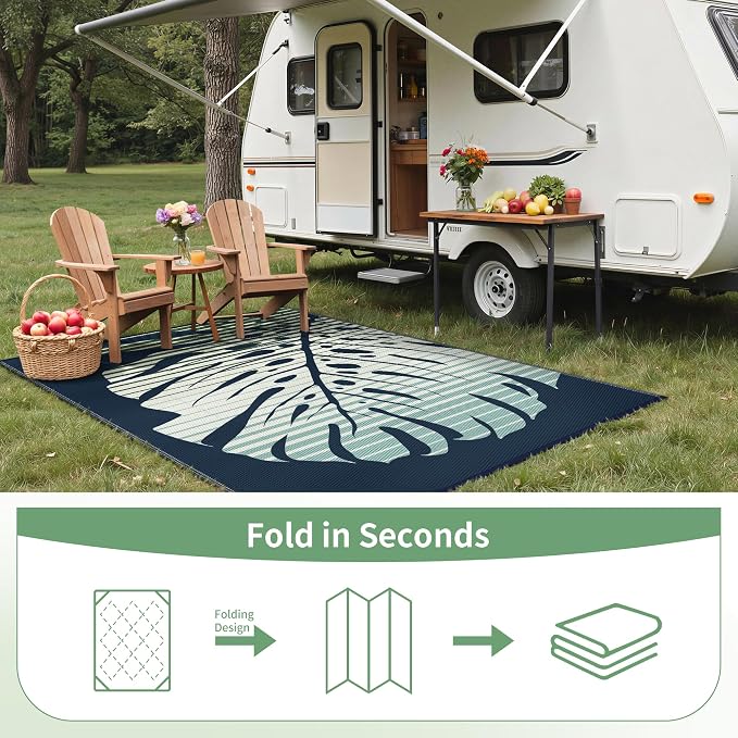 GENIMO Outdoor Rug, Waterproof Plastic Rugs for Patio, 6'x9' Sea Green | Outside Larger Leaf Carpet Mat for Porch Decor, Deck, Balcony, Camping, RV, Backyard, Picnic, Beach, Reversible, Foldable