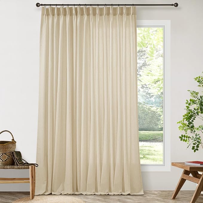 Sheer Curtains 84 Inches Long 100 Inch Wide Extra Wide Linen Pleated | Sliding Glass Door Drapes, for Patio Living Room, Light Filtering Semi Sheer Curtain, Beige Tan, 1 Panel, 100x84