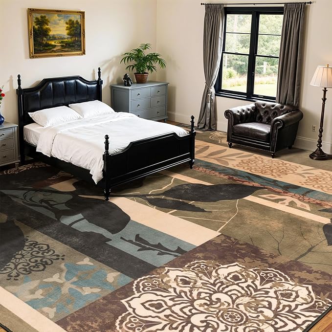LIANLAM 9x12 Washable Area Rugs for Living Room and Bedroom(9x12,Leaf) | Non-Slip Large Carpet,Vintage Checkered Pattern, Stain Resistant Faux Wool Low Pile Soft Rug for Dining Room,Office,Nursery