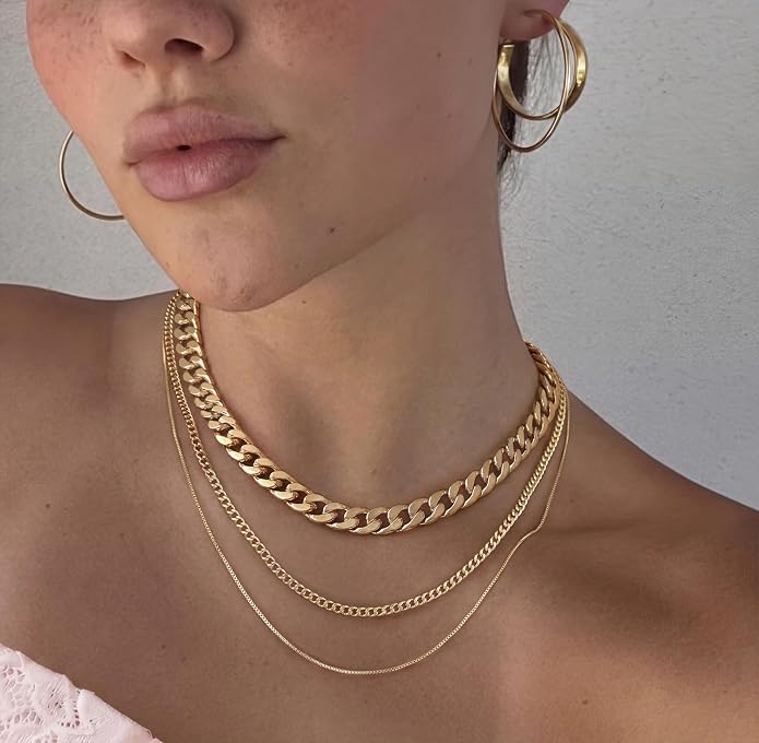 Tewiky Layered Necklaces for Women Non Tarnish- Chunky 14k Gold Plated Herringbone/Snake/Rope/Box/Cuban Link Chain for Women Waterproof Layering Stack Choker Necklace Trendy Dainty Tarnish Free Jewelry Set