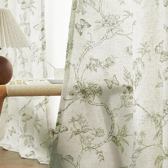 Lazzzy Charlotte Linen Green Floral Curtains 96 Inch Length Farmhouse Curtain Back Tab Drapes for Living Room Bedroom Light Filtering Vintage Rod Pocket Curtains, 2 Panels, Green on Beige