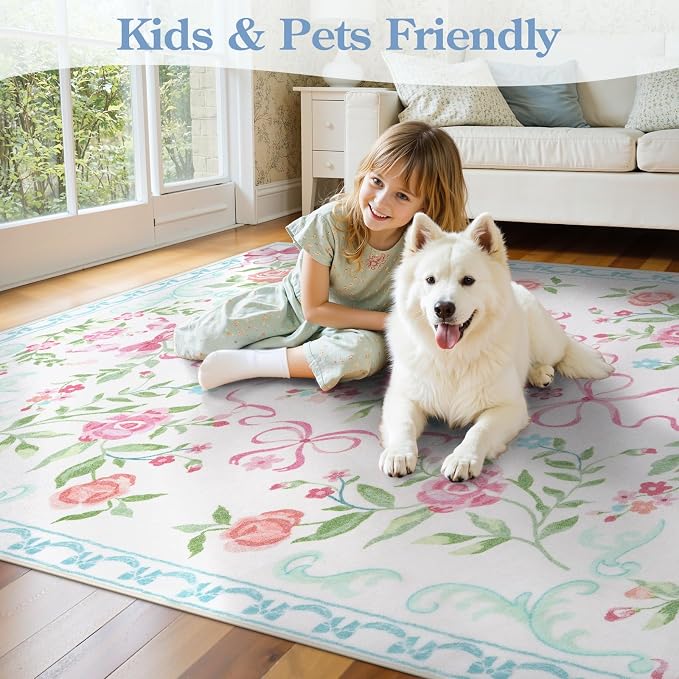 Collive Pink and Blue Floral Rugs for Girls, 5x7 Boho Bow Washable Area Rug for Living Room, Cute Ultra-Thin Non Slip Indoor Decor Carpet for Nursery Kids Room Bedroom Playroom