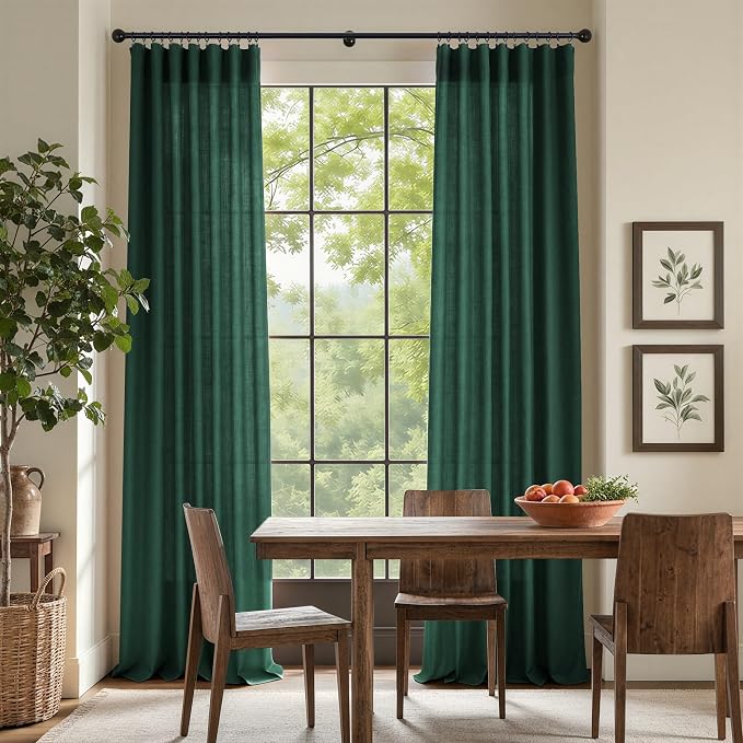 Dark Green Curtains 96 Inches Long for Living Room Dining 2 Panels Set Pocket Back Tab Forest Drape Semi Privacy Emerald Hunter Green Linen Curtains for Bedroom Bay Window Farmhouse Vintage Decor 8 FT