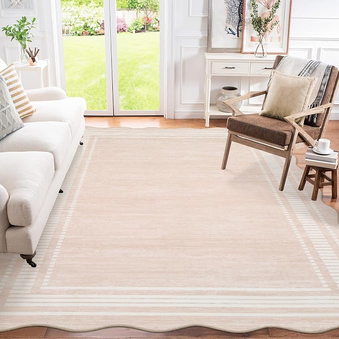 Garvee Washable Rug 8x10 Area Rugs for Living Room Bedroom, Non Slip Low Pile Solid Neutral Soft Carpet, Modern Scalloped Pattern, Faux Wool Floor Mats for Dining Room Home Office, Natural Ivory | Rugs for Living Room, Non-Slip Soft Carpet for Bedroom,...