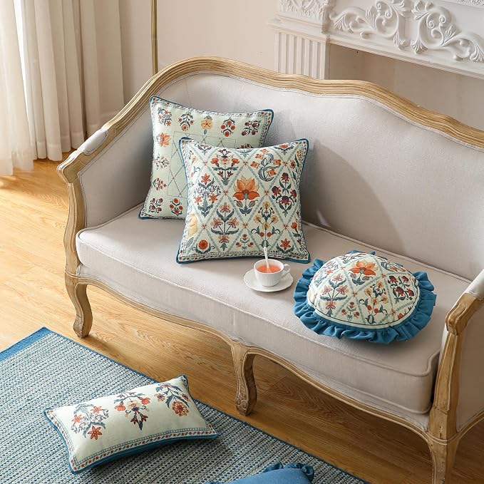 ISAENNE Linen Round Throw Pillow Cover,Set of 2,Diameter 16"-Floralsea A | Designer French Elegant Pillow Cover,Concealed Zipper Design,Sofa,Bedroom,Living Room,Lounge Chairs,All Season Home Decor