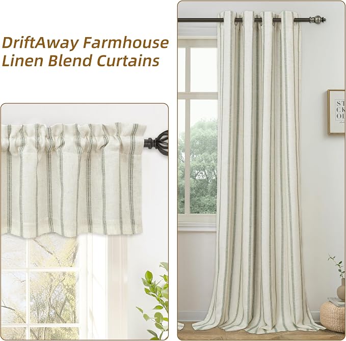 DriftAway Farmhouse Stripe Blackout Curtains, Grommet, W52xL84, Loden Green | Blackout, Linen Texture, Stripe Pattern, Rod Pocket & Back Tab, Two Layers, Bedroom Living Room Use, Sound Reducing Design