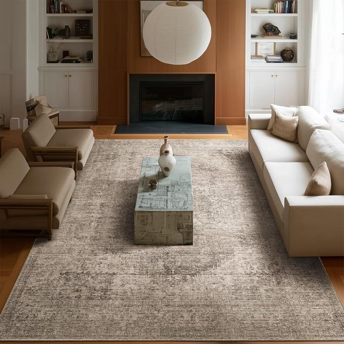 Machine Washable Rugs for Living Room: 8x10 Area Rugs for Bedroom Ultra Soft Non-Slip Low Pile Vintage Distress Boho Large Carpet for High-Traffic Dining Room - Farmhouse Decor