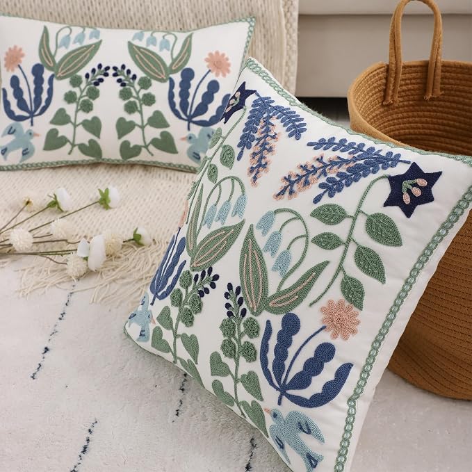 Embroidered Throw Pillow Covers 16x16 Pack of 2 Green Leaves with Birds Floral Tufted Pillowcases Summer Decor Coastal Pillow Cushion Cases Square Navy Blue Flower Pillow Case