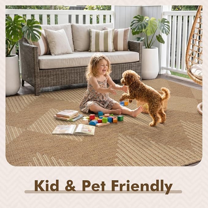MontVoo-Outdoor Rug Carpet Patio Rug 4x6 ft Polypropylene Indoor Outdoor Rugs for Patio Deck Balcony Porch, Textured Weave, Durable for High Traffic, Fade-Resistant, Boho Geometric Neutral Brown