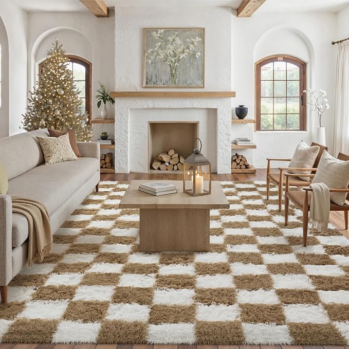 PureCozy 6x9 Area Rugs for Living Room Brown Soft Shag Checkered Large Rug Modern Washable Indoor Office Fuzzy Carpet Non-Slip Fluffy Rugs for Bedroom Nursery Dorm Playroom Home Aesthetic Decor