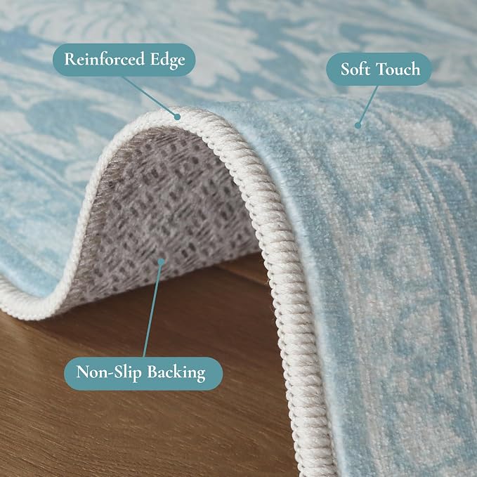 Bavni Vintage Floral Rugs 6x9, Washable Area Rug with Non Slip Backing, Low Pile for Living Room,Nursery,Bedroom & Home Decor, Lightweight Carpet, Light Blue