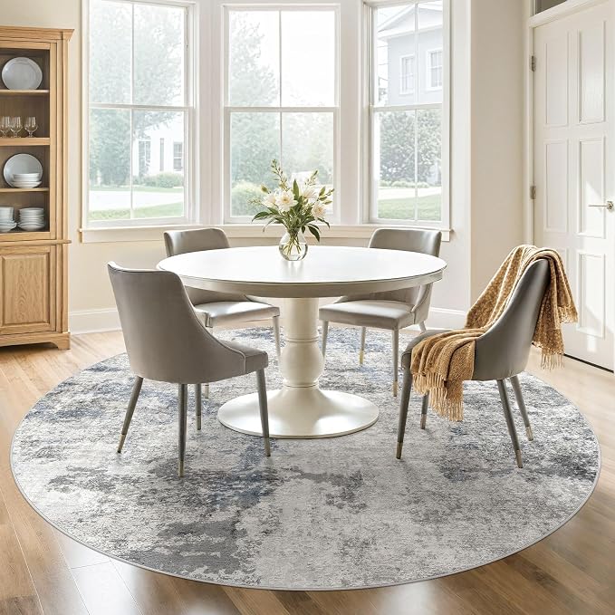DMOYEST 8ft Round Area Rug for Living Room - 8x8 Washable & Non Slip Circle Rug, Kid & Pet Friendly Soft Low Pile Abstract Carpet for Bedroom and Dining Room - Grey Blue