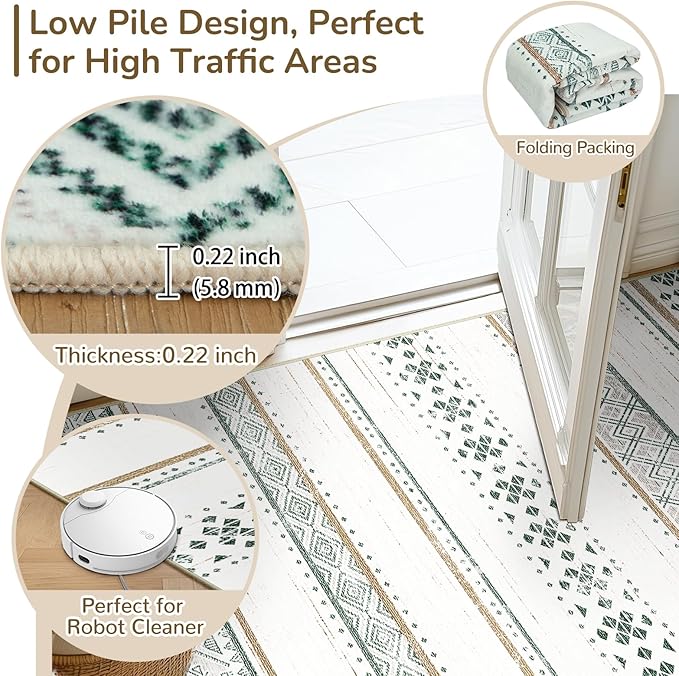 BESTSWEETIE 5x7 Area Rugs for Living Room Washable Moroccan Farmhouse Neutral Geometric Low Pile Non-Slip Soft Print Pattern Rug for Bedroom Kitchen Dining Room Entryway Green/Brown/Brown