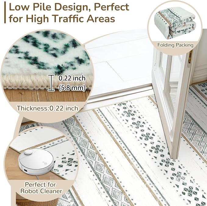 BESTSWEETIE 9x12 Area Rugs for Living Room Washable Moroccan Farmhouse Neutral Geometric Low Pile Non-Slip Soft Print Pattern Rug for Bedroom Kitchen Dining Room Entryway Green/Brown/Brown