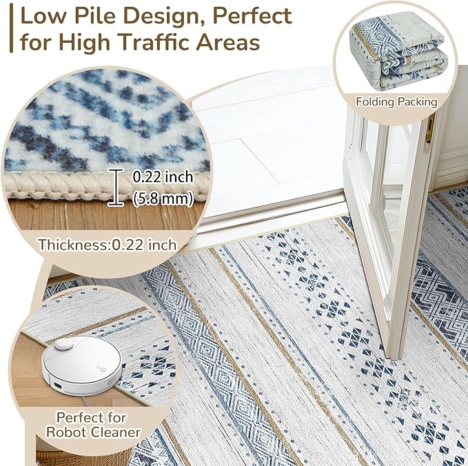 BESTSWEETIE 2x10 Area Rugs for Living Room Washable Moroccan Farmhouse Neutral Geometric Low Pile Non-Slip Soft Print Pattern Rug for Bedroom Kitchen Dining Room Entryway Blue/Brown