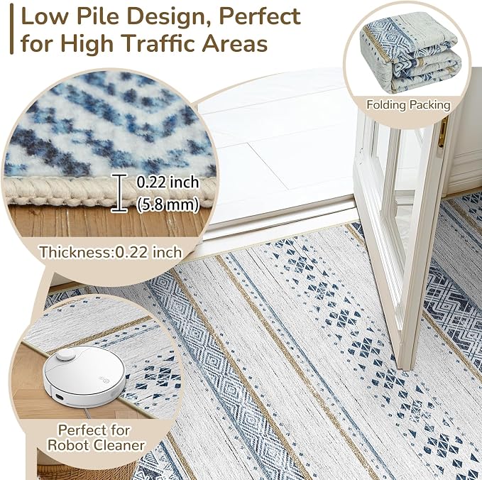 BESTSWEETIE 2x3 Area Rugs for Living Room Washable Moroccan Farmhouse Neutral Geometric Low Pile Non-Slip Soft Print Pattern Rug for Bedroom Kitchen Dining Room Entryway Blue/Brown