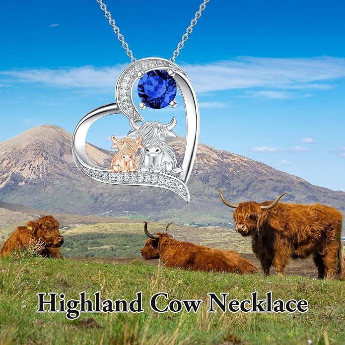 Highland Cow Gifts for Women 925 Sterling Silver Highland Cow Birthstone Necklace Fluffy Cow Jewelry Gifts Birthday Christmas
