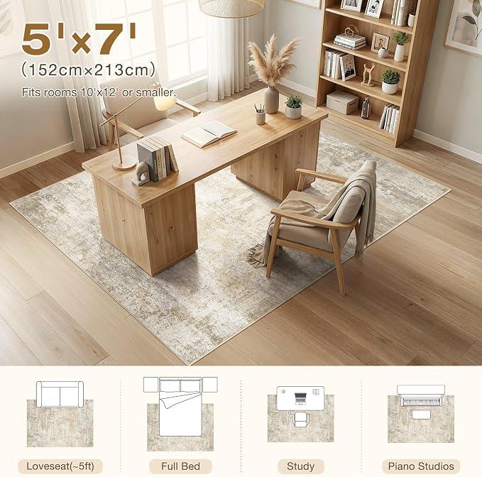 cotiled 5x7 Area Rugs Abstract Soft Non Slip Washable Living Room Rug | Stain Resistant, Robot Vacuum & Pet Friendly, Low-pile, For Living Room, Bedroom, Dining Table, Nursery Beige
