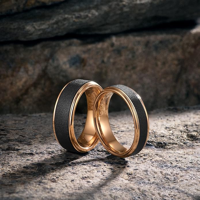 TRUMIUM 6mm 8mm Tungsten Rings for Men Women Black Wedding Band 24K Gold Plated/Rose Gold Plated Step Edges Comfort Fit Size 6-13