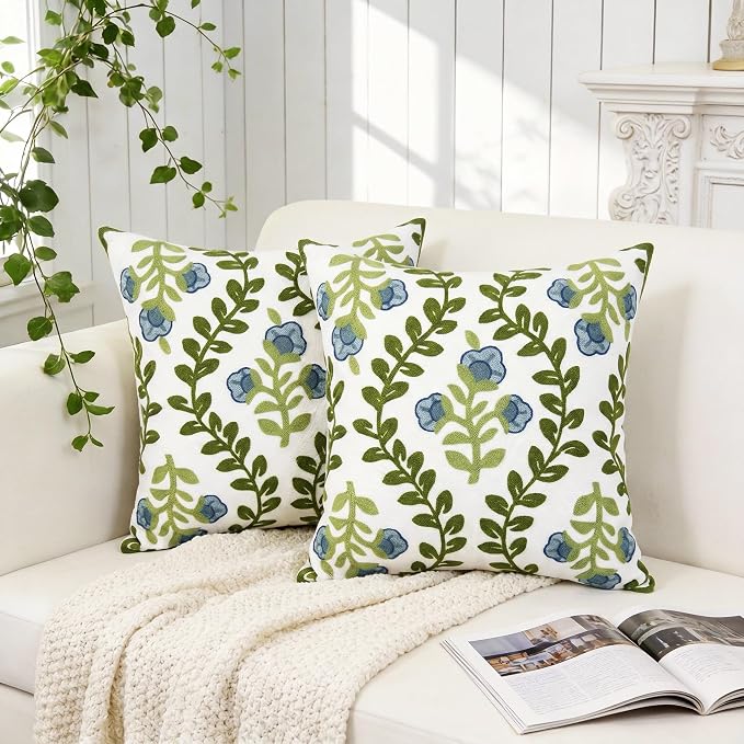 Alysheer Floral Embroidered Summer Decorative Throw Pillow Covers 18"x 18" Set of 2, Farmhouse Blue Flowers Green Vines Patterned Cotton Cushion Cases for Couch Bed Living Room Cottage Decor