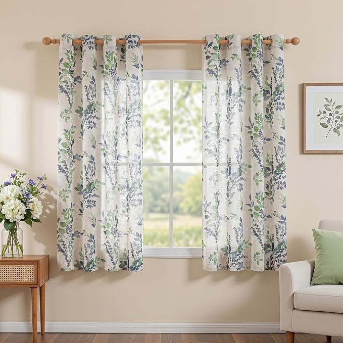 MYSKY HOME Floral Linen Curtains 54 inch Length 2 Panels Set Leaf Patterned Semi Sheer Light Filtering Privacy Farmhouse Grommet Drapes for Bedroom Small Window, 52" Wide Each Panel, Green