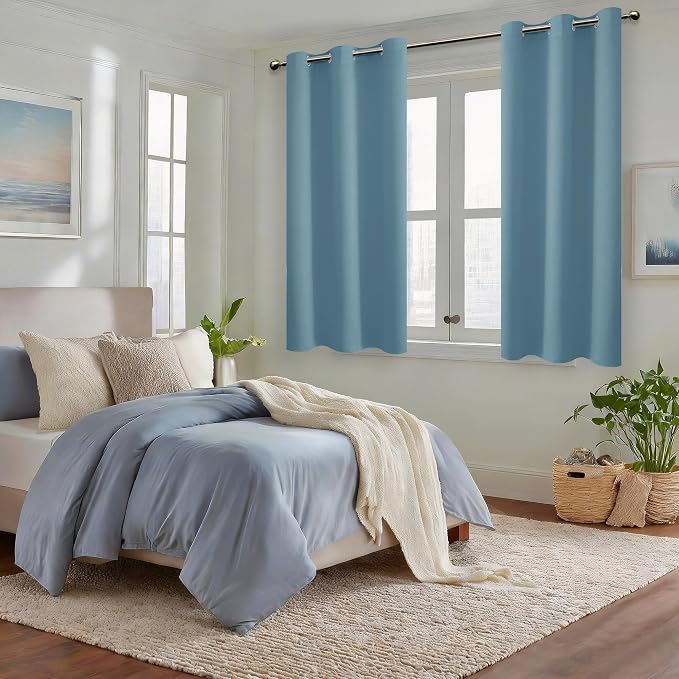 Hiasan Blackout Curtains for Bedroom - Thermal Insulated & Energy Saving Window Curtains for Living Room, 2 Drape Panels Sewn with Tiebacks, Stone Blue, 42 x 54 Inch