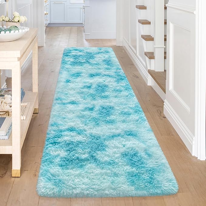 Light Blue Fluffy Rug for Bedroom Living Room, 2x8 ft Soft Sky Blue Bedroom Runner Rug for Bedside Kids Boys Room Hallway, Washable Fuzzy Kids Rugs Plush Shag Carpet for Nursery Dorm