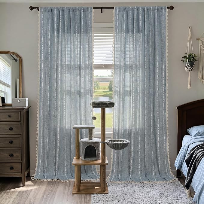 ColorBird Boho Curtains for Bedroom, 96 inch Blue Striped Room Darkening Linen Curtains & Drapes, 2 Panels Embroidered Window Curtain Panels for Dining Living Room Nursery Doorways