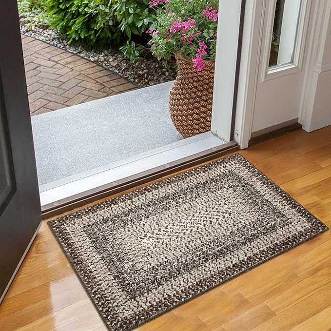 RUGSREAL Entryway Rug 2x3 Small Bedside Throw Mat with Rubber Backing Machine Washable Living Room Rug Non Slip Bathroom Mat Stain Resistant Braided Print Carpet for Dining Room Kitchen Hallway, Mocha
