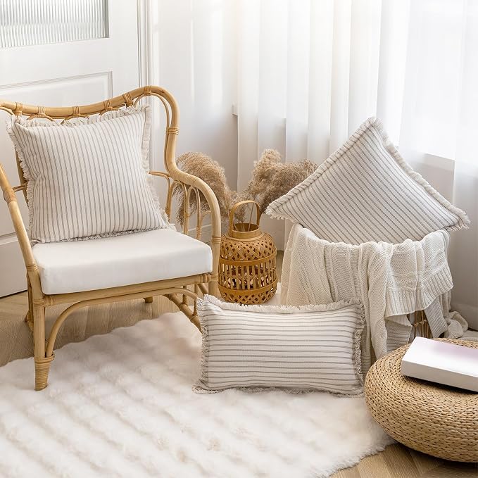 YEENAASY Throw Pillow Covers 26x26 Set of 2 Striped Fringe Pillow Cover Farmhouse Cushion Covers with Tassel Neutral Boho Pillows Decorative Square Pillowcase for Couch Sofa Bed, Khaki