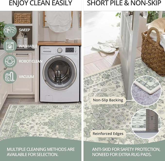 3x10 Non Slip Hallway Runner Rug - Washable Vintage Distressed Kitchen Carpet, Ultra-Thin Soft Low Pile Entryway Mat with Rubber Backing for Bedroom Living Room (Green)
