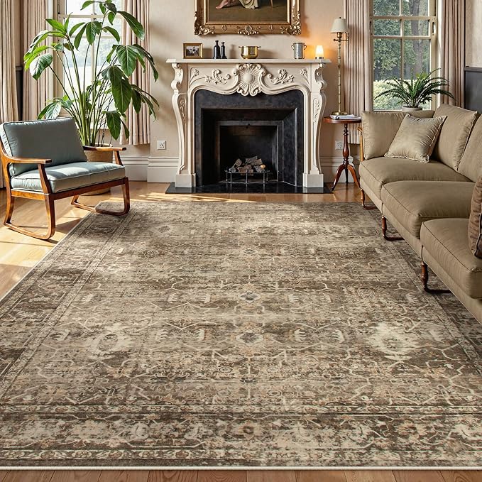Lahome Margot Vintage 9x12 Washable Brown Rugs for Living Room Bedroom, Boho Dining Room Rugs for Under Table, Soft Non Slip Indoor Throw Carpet for Home Office Playroom (9x12ft,Brown)