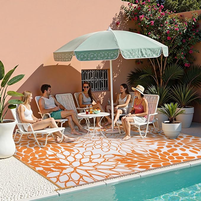 Anidaroel Outdoor Rugs 8x10ft for Patios Clearance Waterproof, Reversible Tropical Plastic Straw Camping Mat Outside Rug, Large Outdoor Area Rug for RV, Deck, Balcony, Picnic(Orange,8'x10')