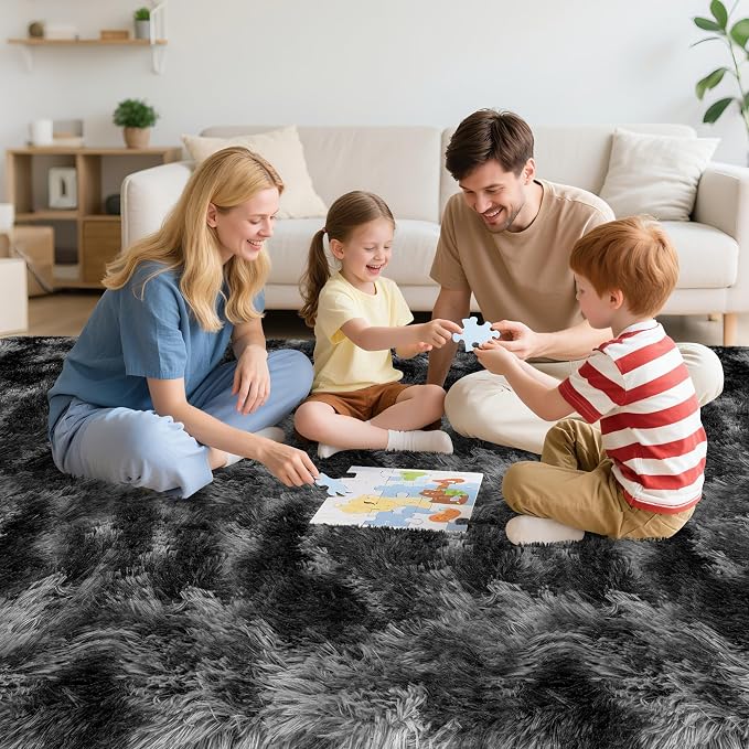Plush 8x10 Area Rug for Living Room, Tie-Dyed Dark Grey Black 8x10 Shag Rug for Bedroom Bedside Fuzzy Carpet Big Furry Soft Fluffy Rug for Kids Girls Boys Room Baby Nursery Dorm