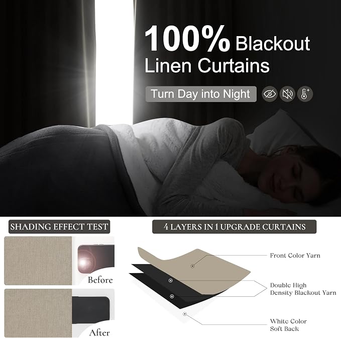100% Blackout Curtains 86 Inch Length 2 Panels Set Farmhouse Style for Bedroom Windows/Living Room Thermal Insulated Neutral Boho Drapes Linen Blend Dark GreyBeige Long Hook Belt Pleated/Back Tab