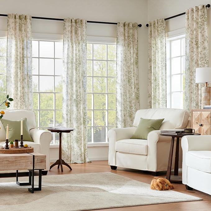 jinchan Green Floral Linen Curtains 84 Inch Farmhouse Back Tab 2 Panels | Light filtering drapes, semi sheer, farmhouse, cottagecore, rustic, living room, bedroom, rod pocket, window treatment