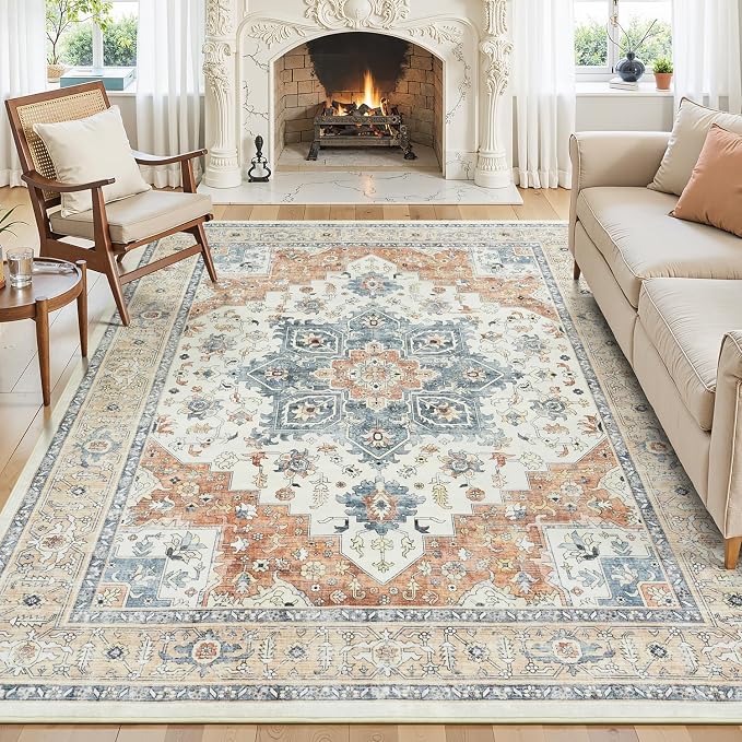 5x7 Bedroom Rug - Boho Aesthetic Floral Beige and Orange, Washable Low Pile Non-Slip Carpet, Stain Resistant Area Rugs for Under Bed, Large Entryway, Kitchen, Playroom, Bed Room, Living Room