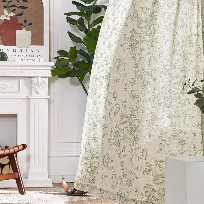 jinchan Green Floral Linen Curtains 63 Inch Farmhouse Back Tab 2 Panels | Light filtering drapes, semi sheer, farmhouse, cottagecore, rustic, living room, bedroom, rod pocket, window treatment