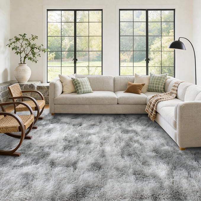 5x7 Area Rugs for Living Room Decor, Non-Slip Shaggy Tie-Dyed Rugs for Bedroom Kids Playroom Dorm Room, High Pile Ultra Soft Carpet with Rug Tape, Grey