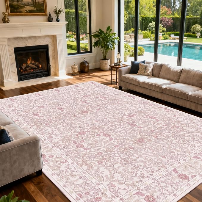 Vintage Pink Living Room Rug, 9x12 Washable Area Rugs for Dining Room Under Table, Soft Low Pile Large Carpet Bedroom, Non-Slip Boho Floral (9 x 12 Pink)