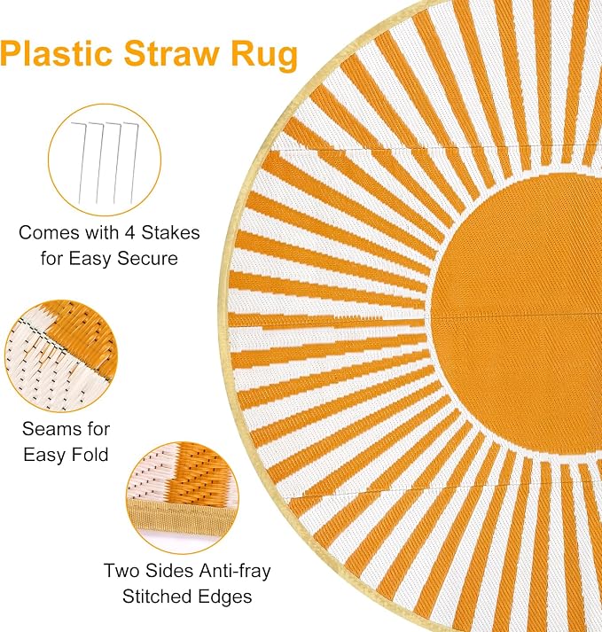Anidaroel Round Outdoor Rugs 6ft for Patios Clearance, Waterproof Reversible Plastic Straw Patio Rug, Outside Area Rug Floor Mat for Backyard, Porch, Balcony, Pool Deck, RV Camping, Picnic(Orange,6ft)