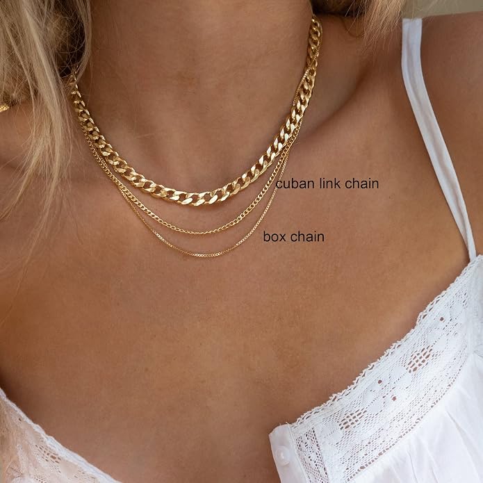 Tewiky Gold Chain Necklace for Women, 14k Gold Plated Thin Beaded Wave Box Necklace Dainty Simple Layered Choker Minimalist Link Chain Necklace Trendy Jewelry for Women