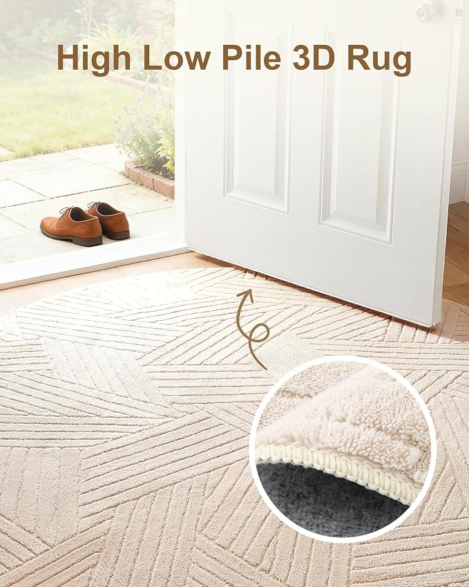 Carvapet 6.5' Round Rug Washable High Low Pile Area Rug Soft Plush Beige Carpet for Living Room Bedroom Non Slip Indoor Floor Rug for Home Kids Nursery Decor