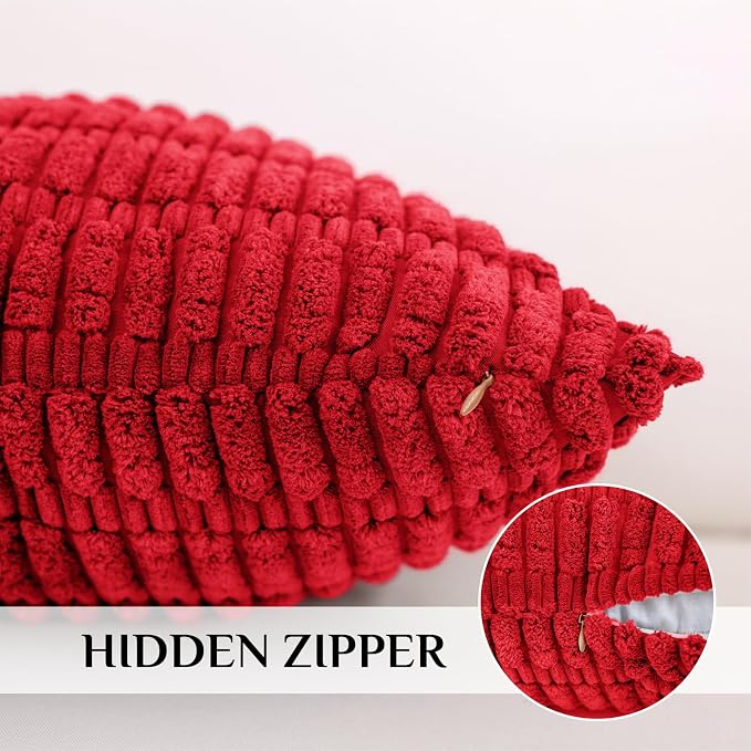 Softalker Corduroy Throw Pillow Covers 22x22 Set of 2, Soft Plush Decorative Square Cushion Cases for Living Room Couch Sofa, Modern Farmhouse Boho Home Decor, Red