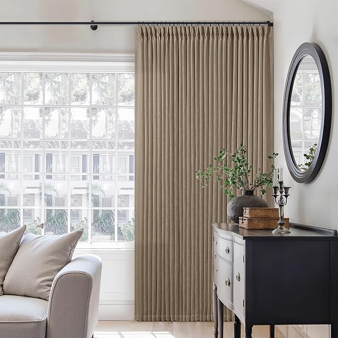 TWODRAPES Light Brown Linen Curtains Pinch Pleated Living Room Bedroom Dining Boho Light Filtering Pinch Pleat Drapes Hooks Rings Back Tab Semi Sheer Tan Latte Coffee Color Window Curtains 2 Panels