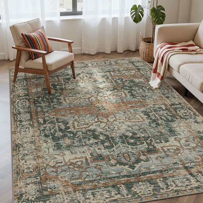 Rugxara Green 4x6 Area Rug Washable Rug for Living Room Bedroom Office | Non Slip, Throw Rug for Entryway Dining Room Kids Room, Stain Resistant, Soft, Low Pile, Vintage Boho Retro Carpet