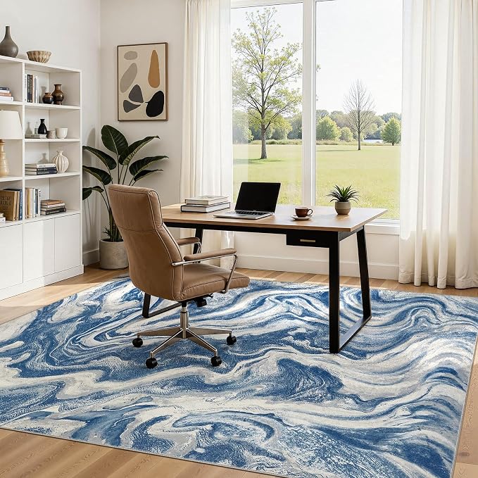 DMOYEST 5x7 Washable Area Rug for Living Room,Non Slip Abstract Rugs,Modern Soft Low Pile Carpet for Bedroom,Dining Room,Home Office-Navy Blue