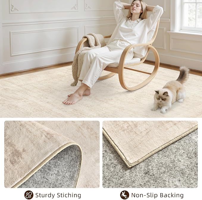 4x6 Area Rugs for Living Room: Vintage Boho Neutral Washable Rug Indoor Soft Large Area Rug Carpet for Bedroom Nursery Farmhouse Dining Room Office Floor Non-Slip Low Pile Under Table Rug Retro Beige