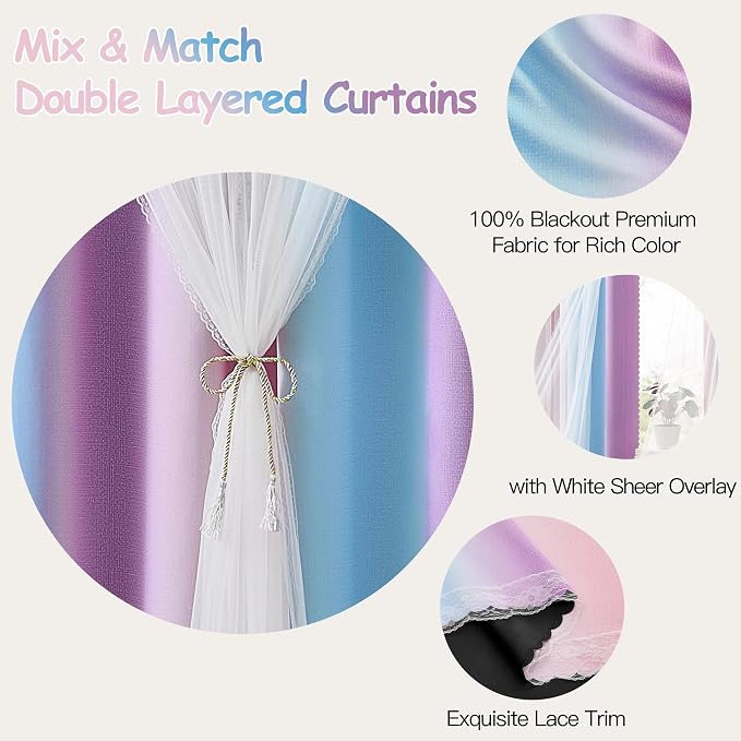 XiDi Double Layer Curtains with Sheer Overlay for Girls Bedroom Living Room 2 Panels 96 Inches Long Colorful Rainbow Blackout Curtains for Kids Unicorn Princess Grommet Drapes Pink Purple W52 x L96